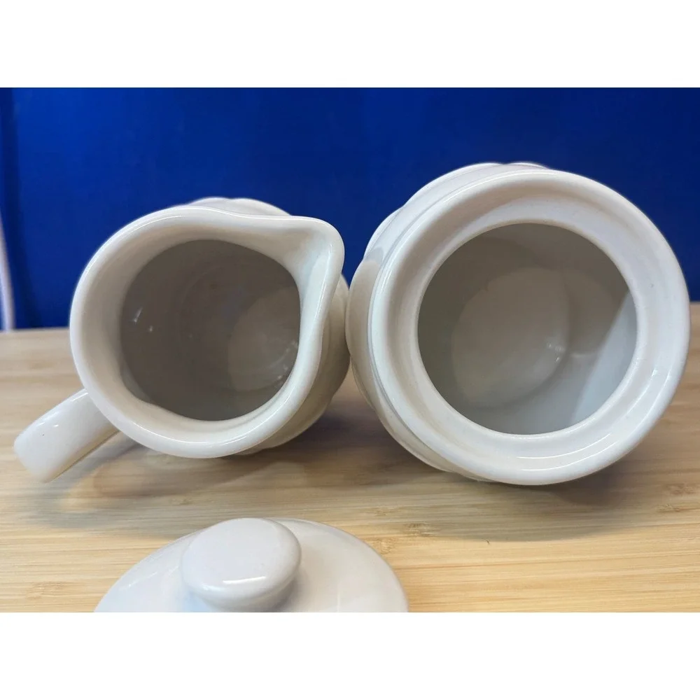 Longaberger Pottery Woven Traditions Blue Cream and Sugar Set Ivory Vitrified
